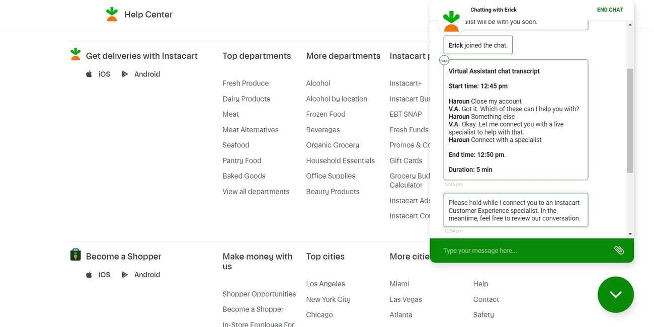 Ζωντανή συνομιλία Instacart