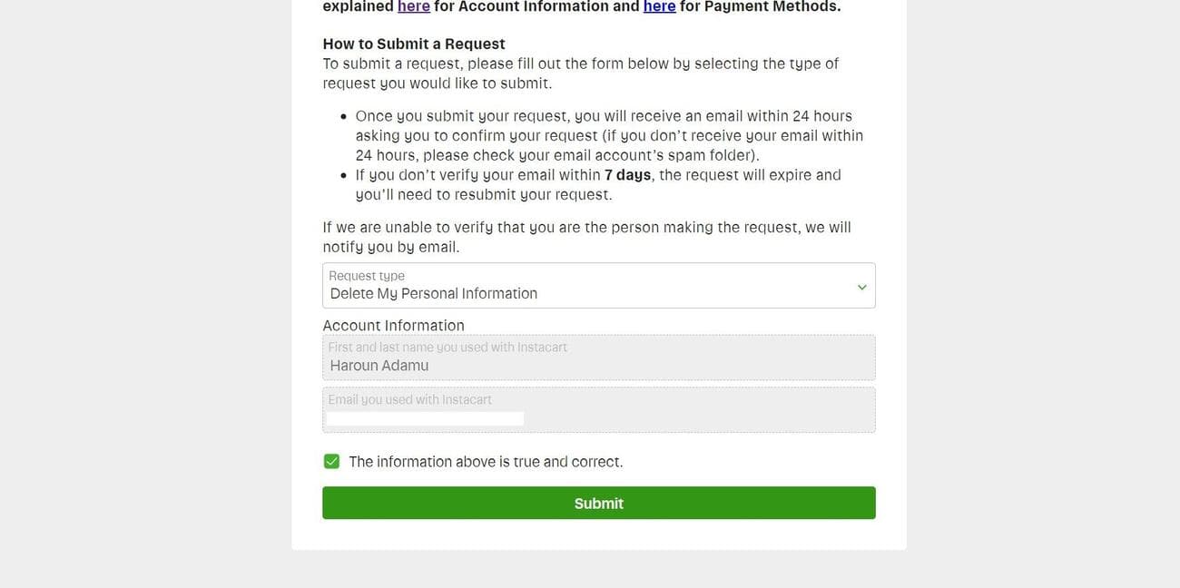 Σελίδα Instacart Privacy Portal