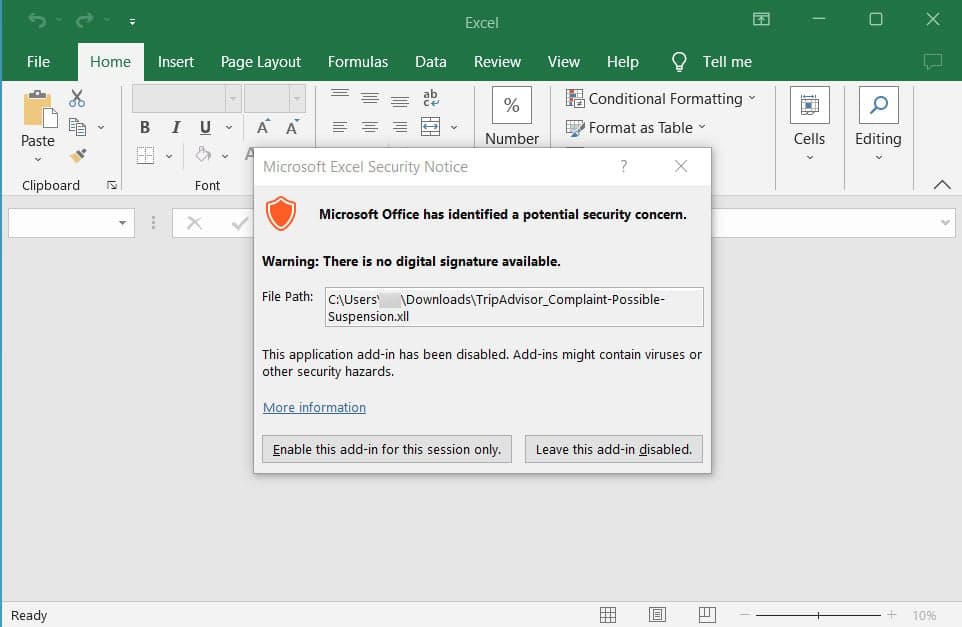Το Excel ζητά τη φόρτωση του πρόσθετου .NET