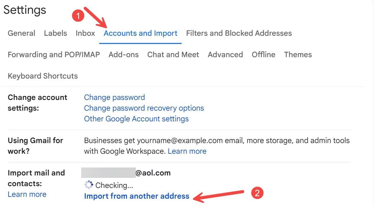 Στην οθόνη Ρυθμίσεις, μεταβείτε στην επιλογή Λογαριασμοί και Εισαγωγή για να εισαγάγετε μηνύματα ηλεκτρονικού ταχυδρομείου από άλλο λογαριασμό email