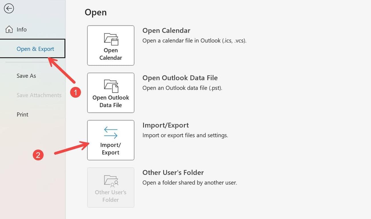 Επιλέξτε Άνοιγμα & Εξαγωγή και, στη συνέχεια, επιλέξτε Εισαγωγή/Εξαγωγή στο Outlook για εξαγωγή μηνυμάτων