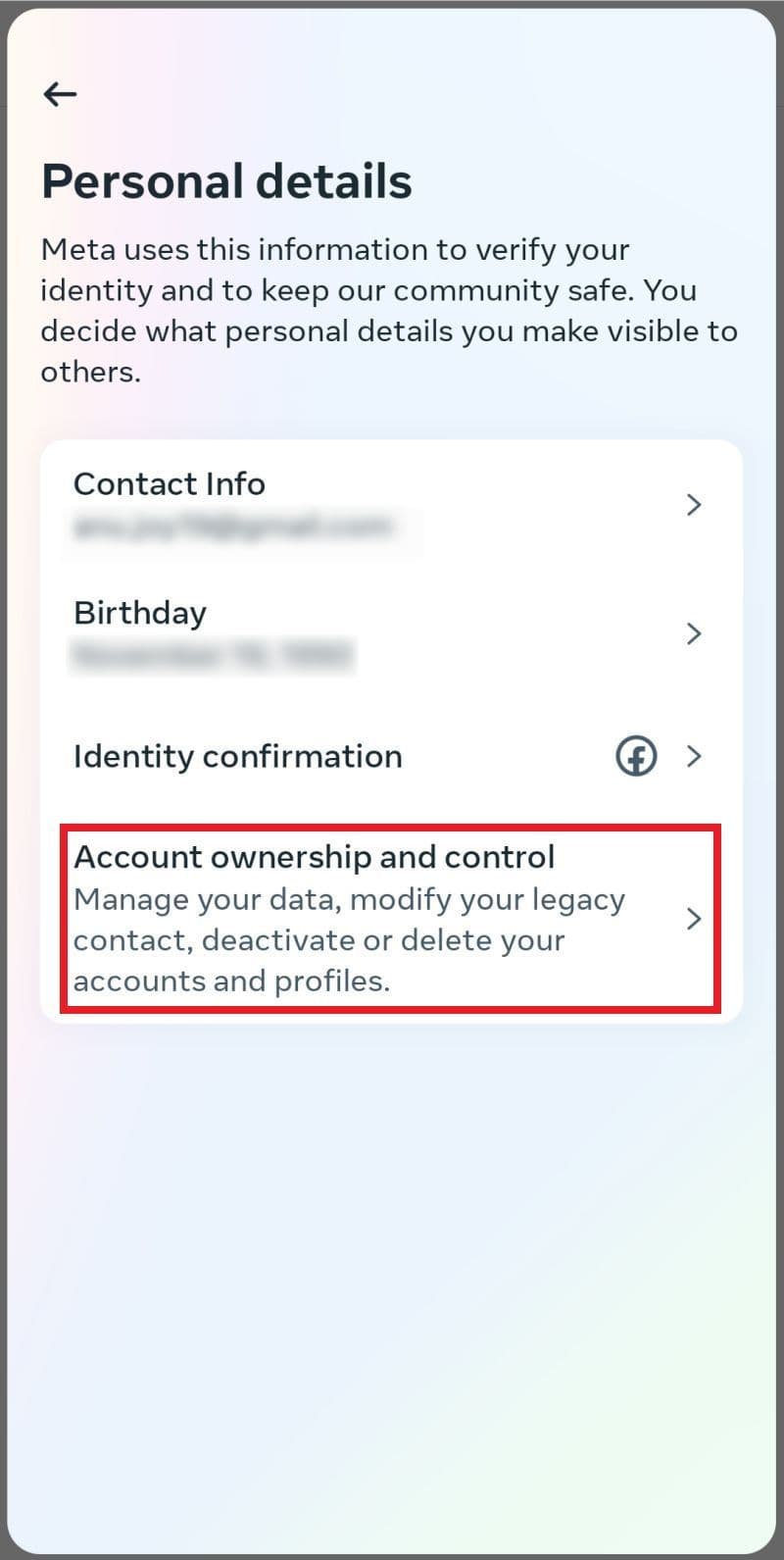 Η οθόνη Προσωπικών στοιχείων του Facebook με επιλεγμένη την επιλογή «Ιδιοκτησία και έλεγχος λογαριασμού».