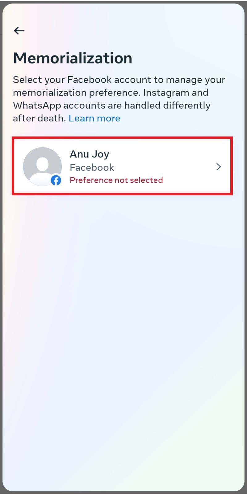 Οι οθόνες του Facebook Memorialization με επιλεγμένο προφίλ