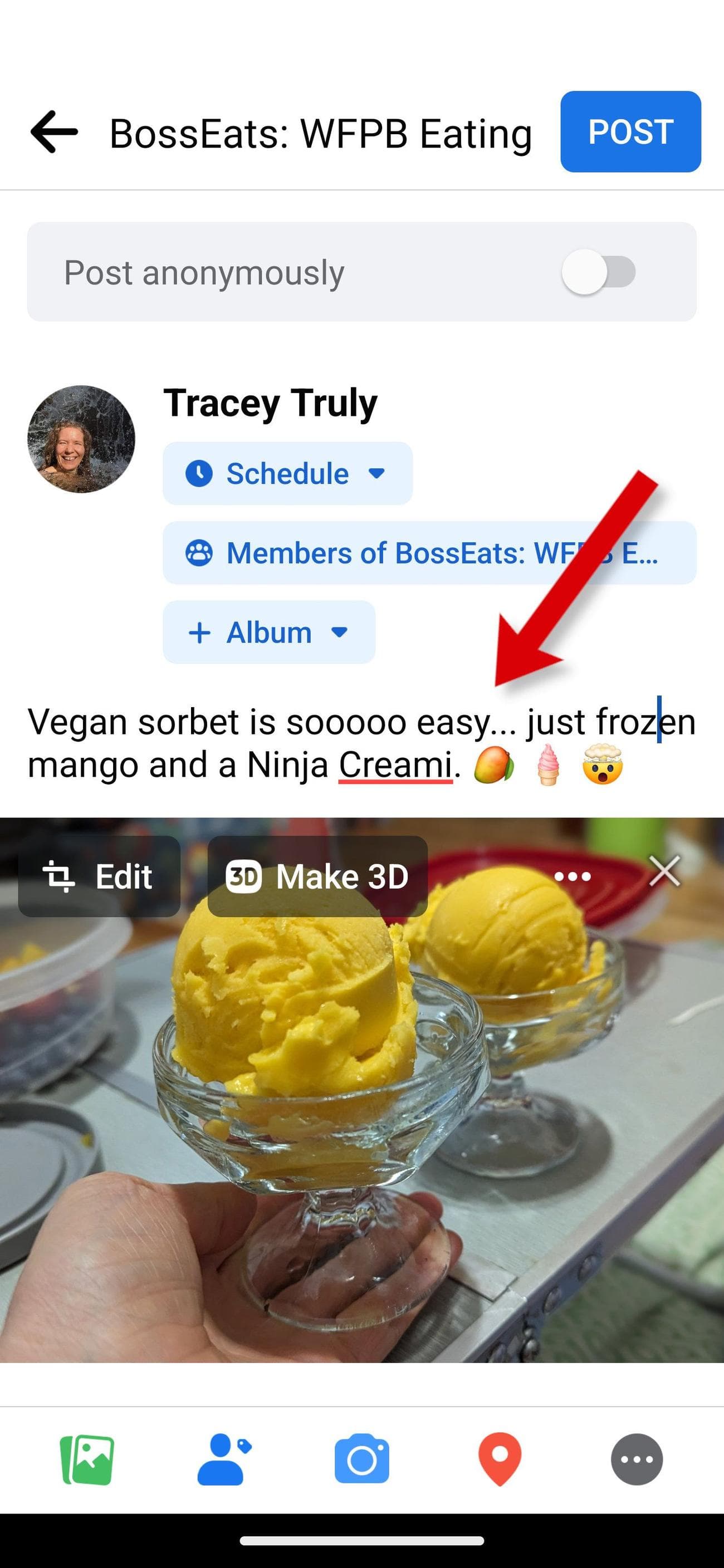 Η εφαρμογή Facebook δείχνει πώς να συμπληρώσετε μια ομαδική ανάρτηση.