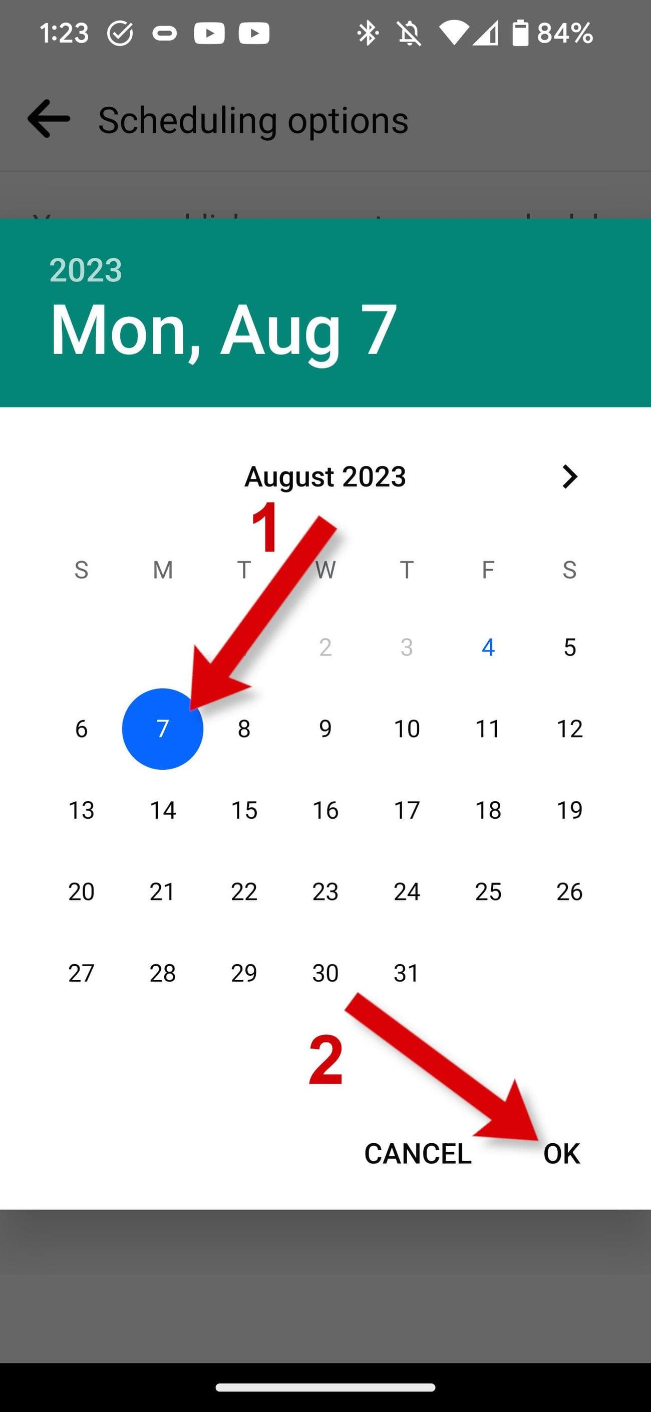 Η εφαρμογή Facebook δείχνει την επιλογή της ημερομηνίας μιας ανάρτησης σελίδας.