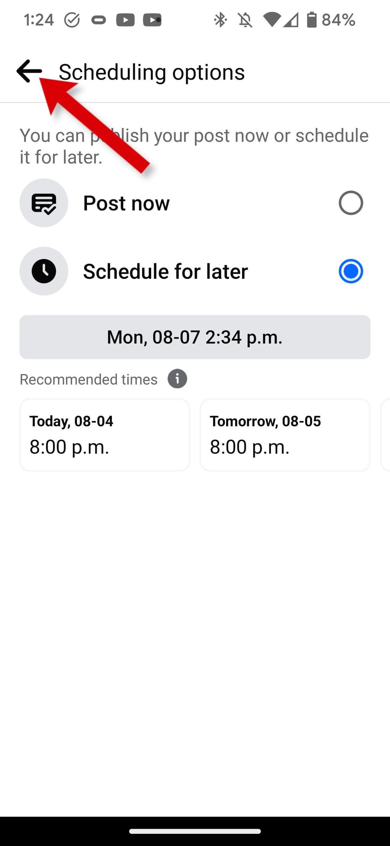 Η εφαρμογή Facebook δείχνει πώς να αφήσετε τις επιλογές προγραμματισμού για μια ανάρτηση σελίδας.