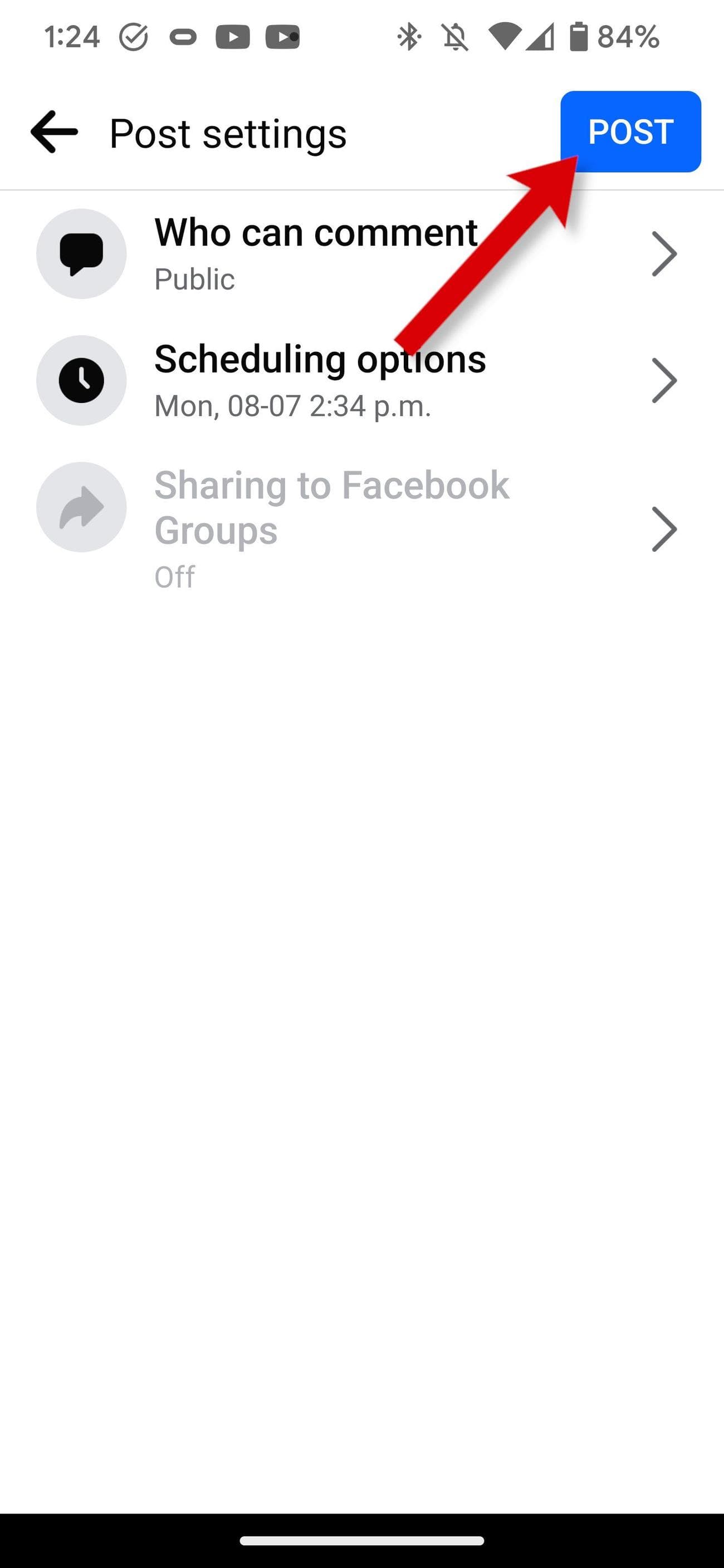 Η εφαρμογή Facebook δείχνει πώς να δημοσιεύετε σε μια σελίδα μετά τον προγραμματισμό.