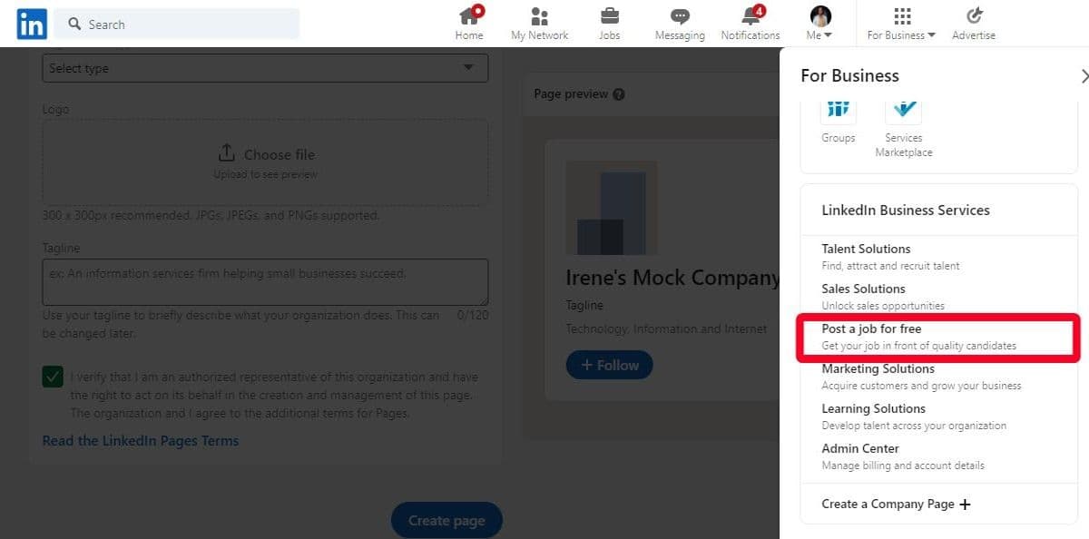 Αναπτυσσόμενο μενού για επιχειρήσεις στο LinkedIn και επιλέξτε Δημοσίευση εργασίας δωρεάν