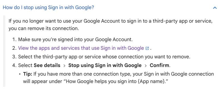 Η σελίδα υποστήριξης Google εξηγεί πώς να σταματήσετε να χρησιμοποιείτε τη σύνδεση με το Google.