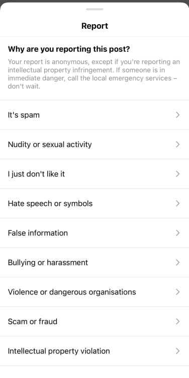 Ένα στιγμιότυπο οθόνης της ενότητας αναφοράς σχολίων του Instagram.