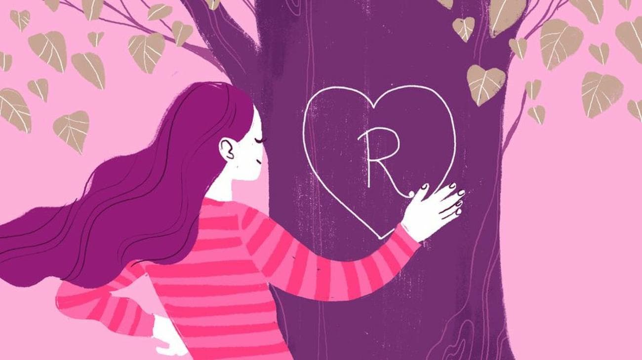 illustration of a woman in front of a tree trunk with an R etched into it