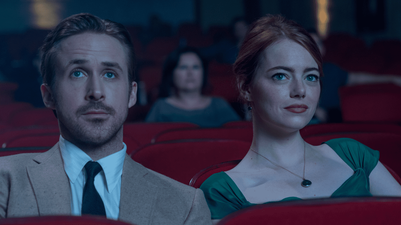 A man and a woman on a date at the movies. 