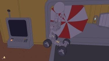 Ένα στιγμιότυπο οθόνης Mars First Logistics.  Σε αυτό, ένα αμαξάκι με λαβίδες προσπαθεί να τραβήξει μια ανοιχτή ομπρέλα μέσα από μια πόρτα, αλλά κολλάει.