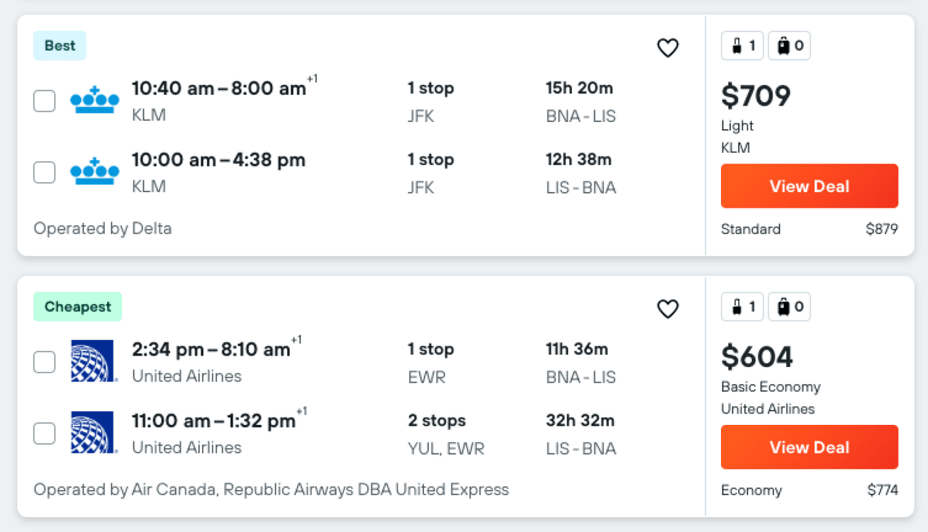 στιγμιότυπο οθόνης των τιμών πτήσεων από καγιάκ