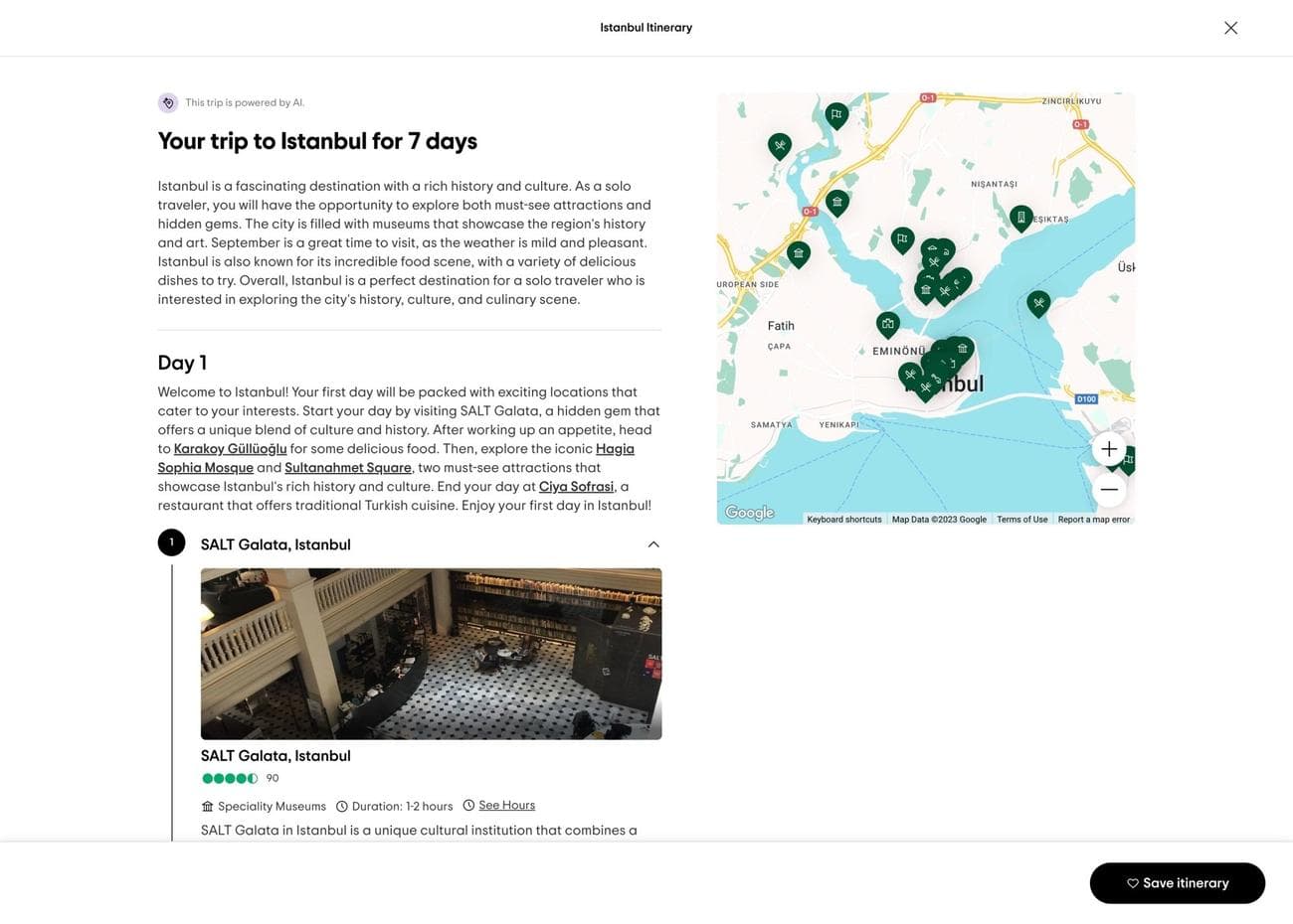 Διαδρομή του Tripadvisor που δείχνει μια περίληψη, αξιοθέατα και έναν χάρτη 