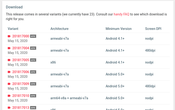 Download links for APKs on APK Mirror, with specific architectures and variants shown.