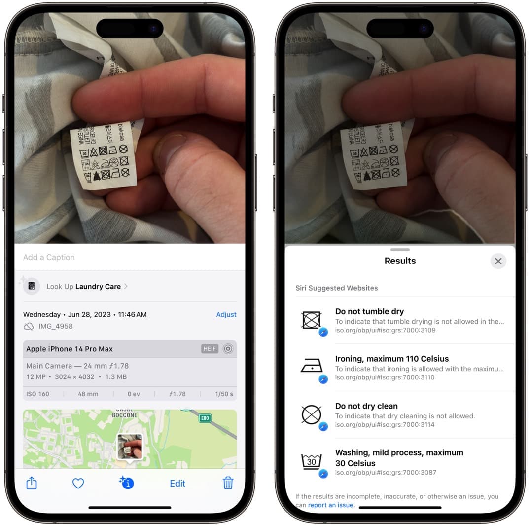 Η εφαρμογή Φωτογραφίες iOS 17 κατανοεί τα εικονίδια πλυντηρίων ρούχων μέσω της Visual Lookup.