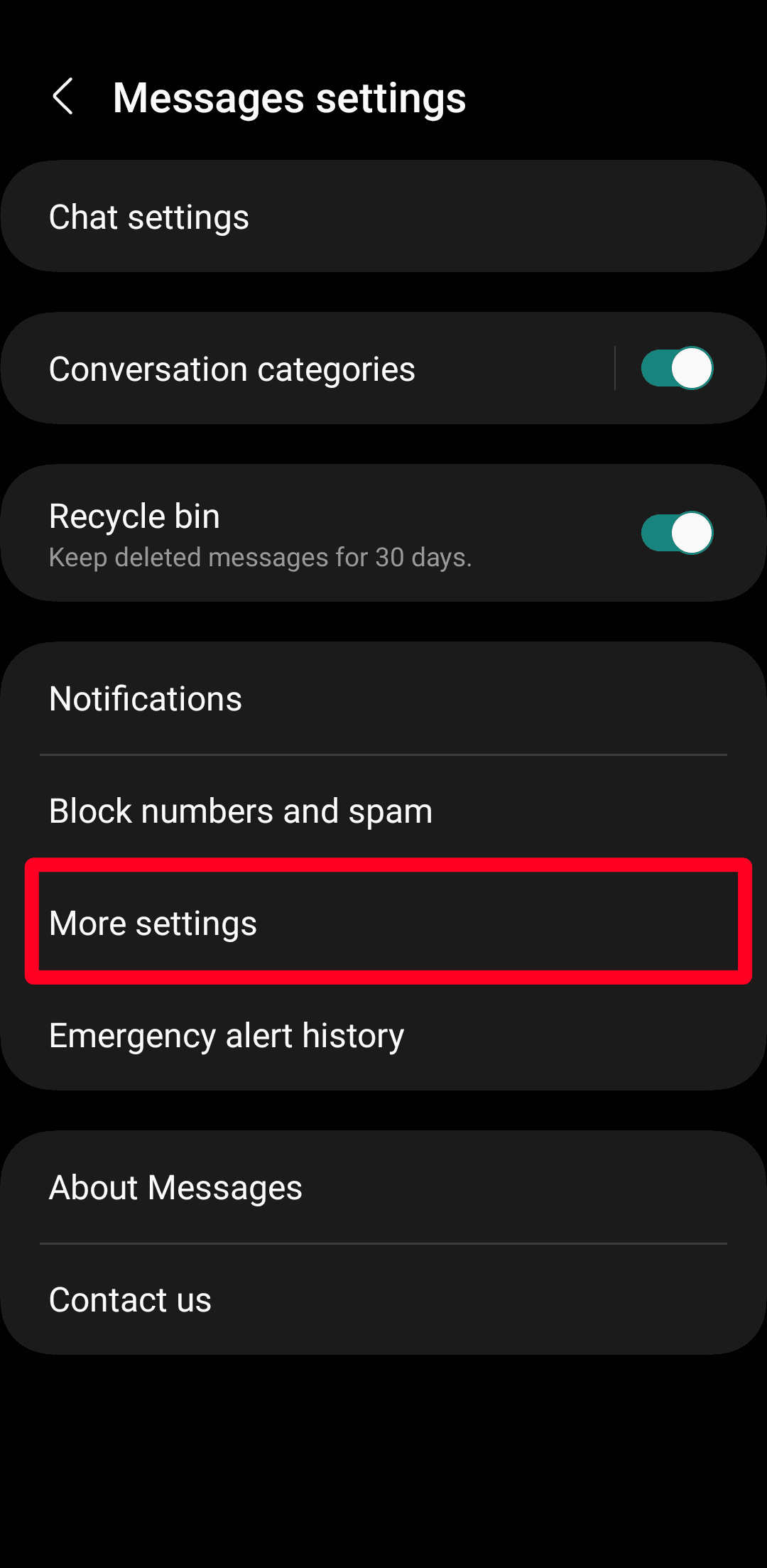 Μενού ρυθμίσεων μηνυμάτων στο Samsung Messages