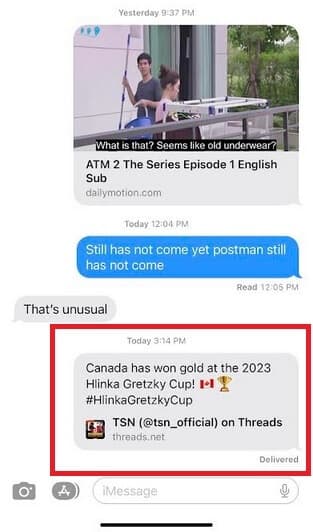 Εμπλουτισμένοι σύνδεσμοι ανάρτησης για περιεχόμενο Threads στο iMessage - Η δυνατότητα για το iMessage δείχνει ότι η Apple υποστηρίζει Threads.  ιστοσελίδα σύντομα για τον X ανταγωνιστή