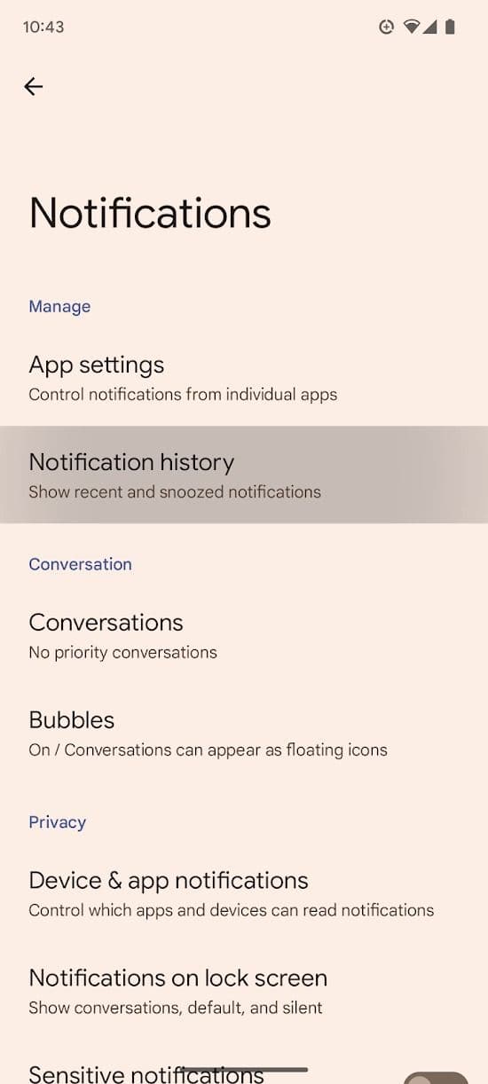 Στιγμιότυπο οθόνης του ιστορικού ειδοποιήσεων στο τηλέφωνο Pixel 7