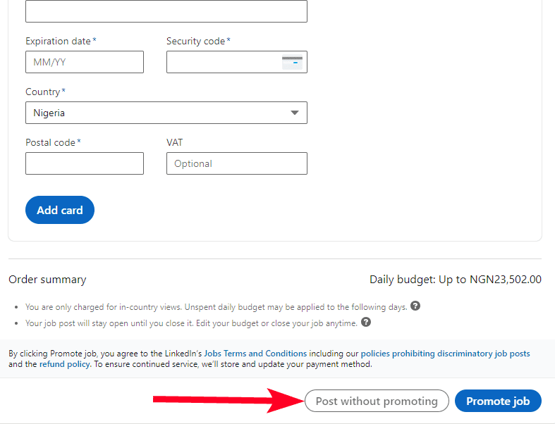 Εάν δεν θέλετε να προωθήσετε την εργασία, επιλέξτε Δημοσίευση χωρίς προώθηση στον ιστότοπο του LinkedIn