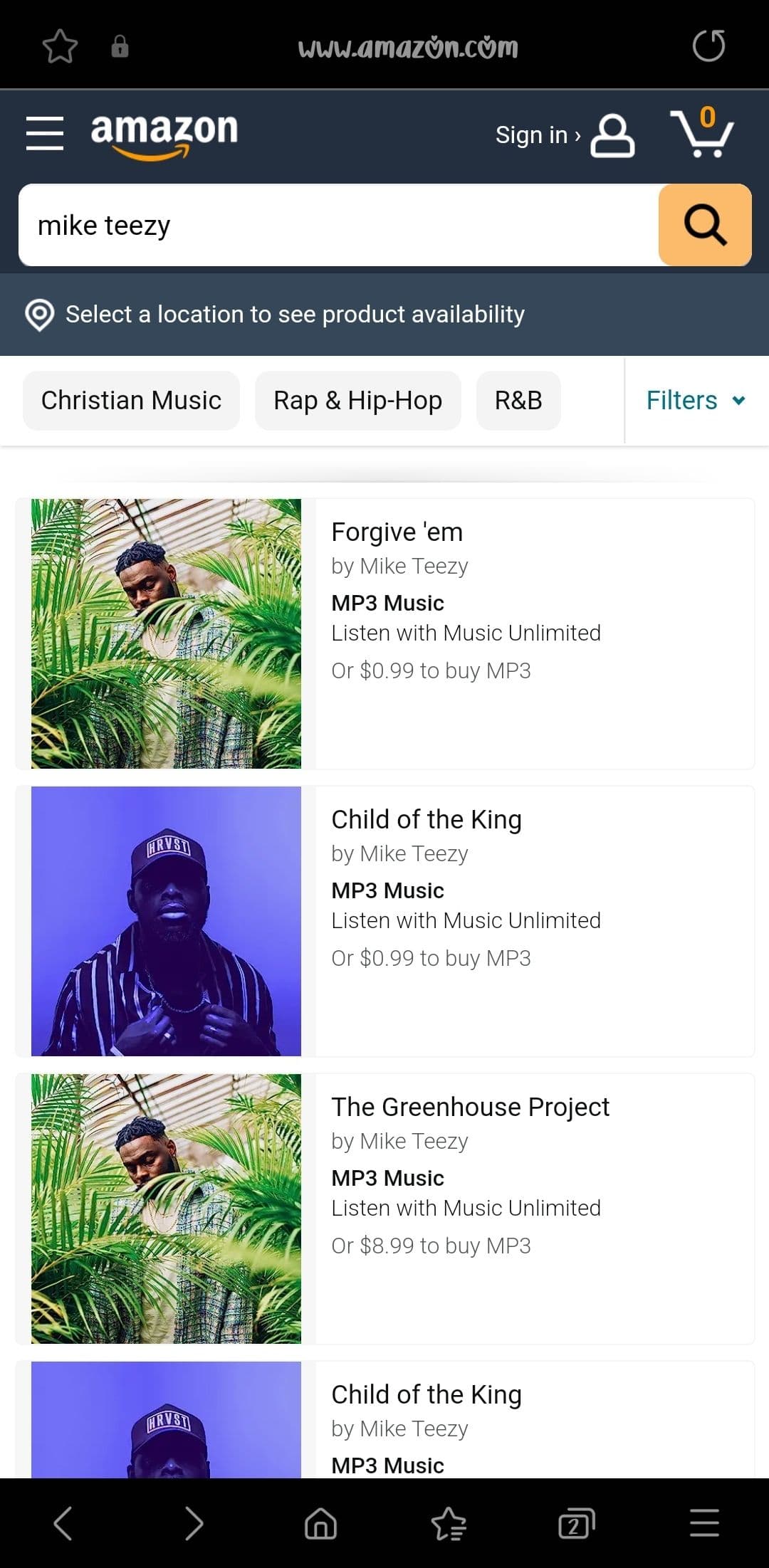 Μια αναζήτηση στον ιστότοπο της Amazon Music σε ένα πρόγραμμα περιήγησης για κινητά.