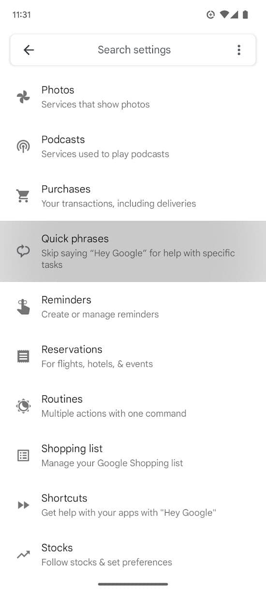 Στιγμιότυπο οθόνης της επιλογής Γρήγορες φράσεις στο Pixel 7