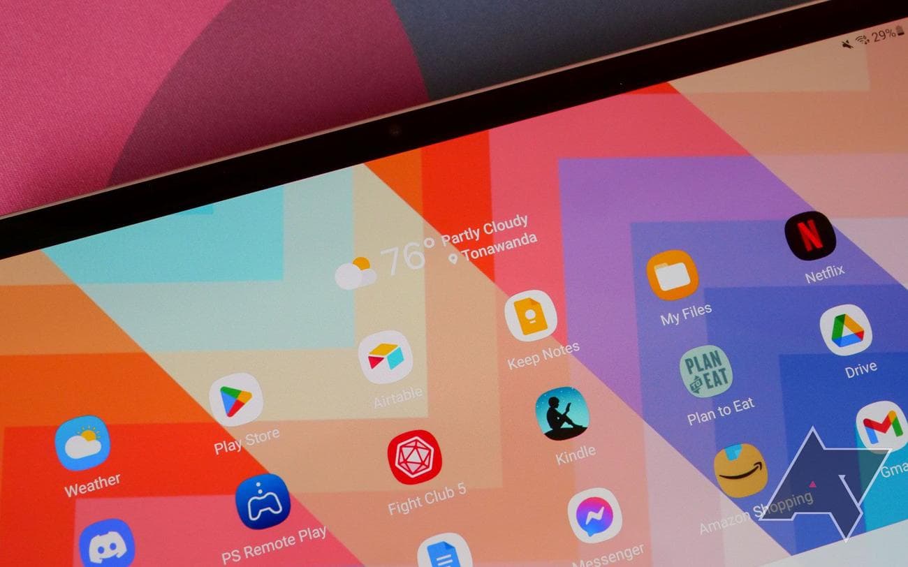 Cropped shot of a Samsung Galaxy Tab S9 with display illuminated.