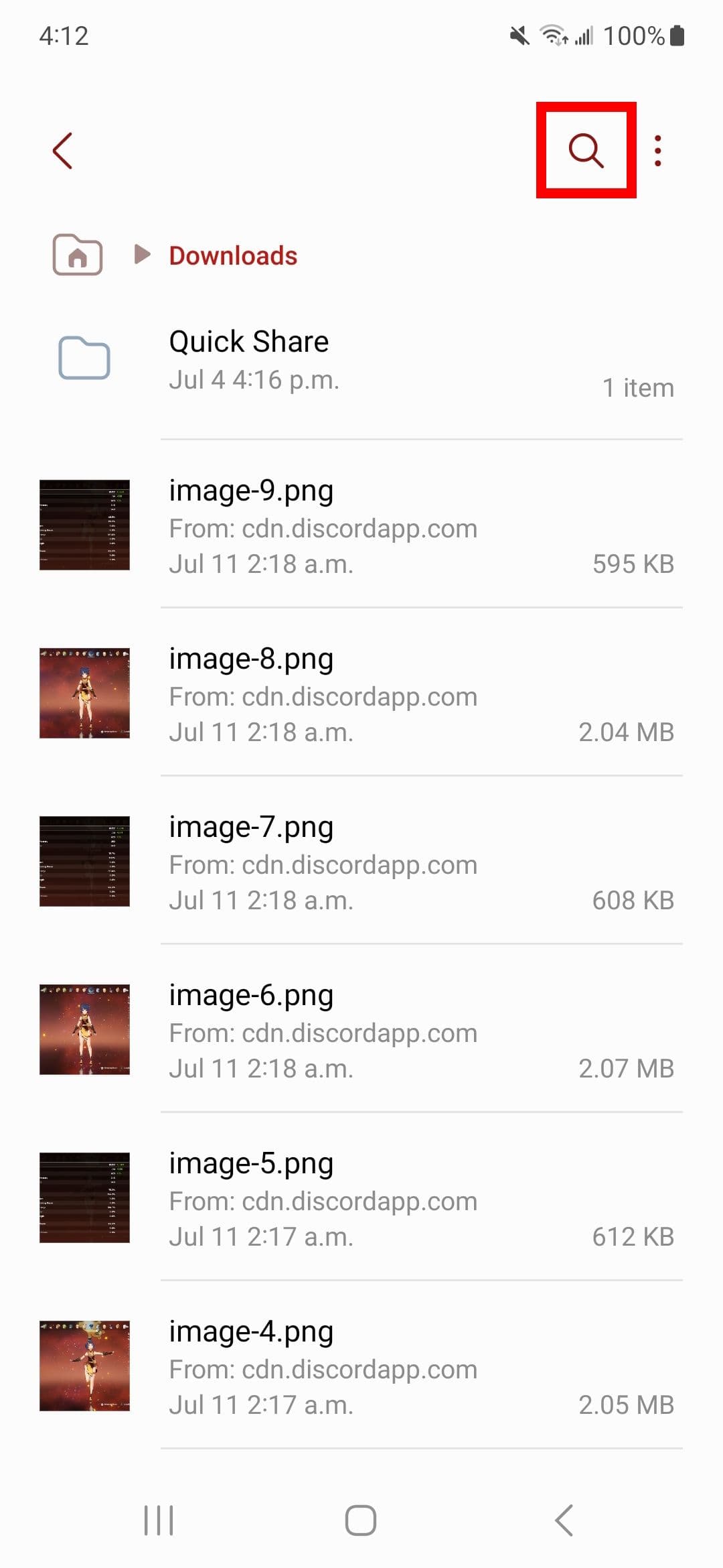 Κόκκινο τετράγωνο περίγραμμα στο εικονίδιο του μεγεθυντικού φακού (αναζήτηση) στην κατηγορία λήψεις στο My Files