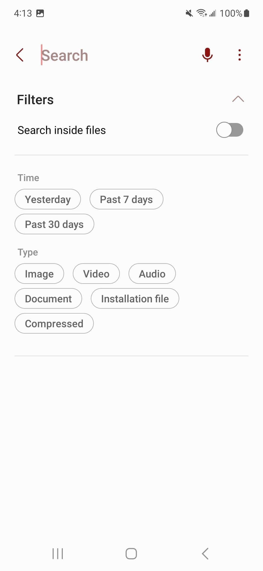 Σελίδα επιλογών αναζήτησης και φίλτρου Samsung My Files