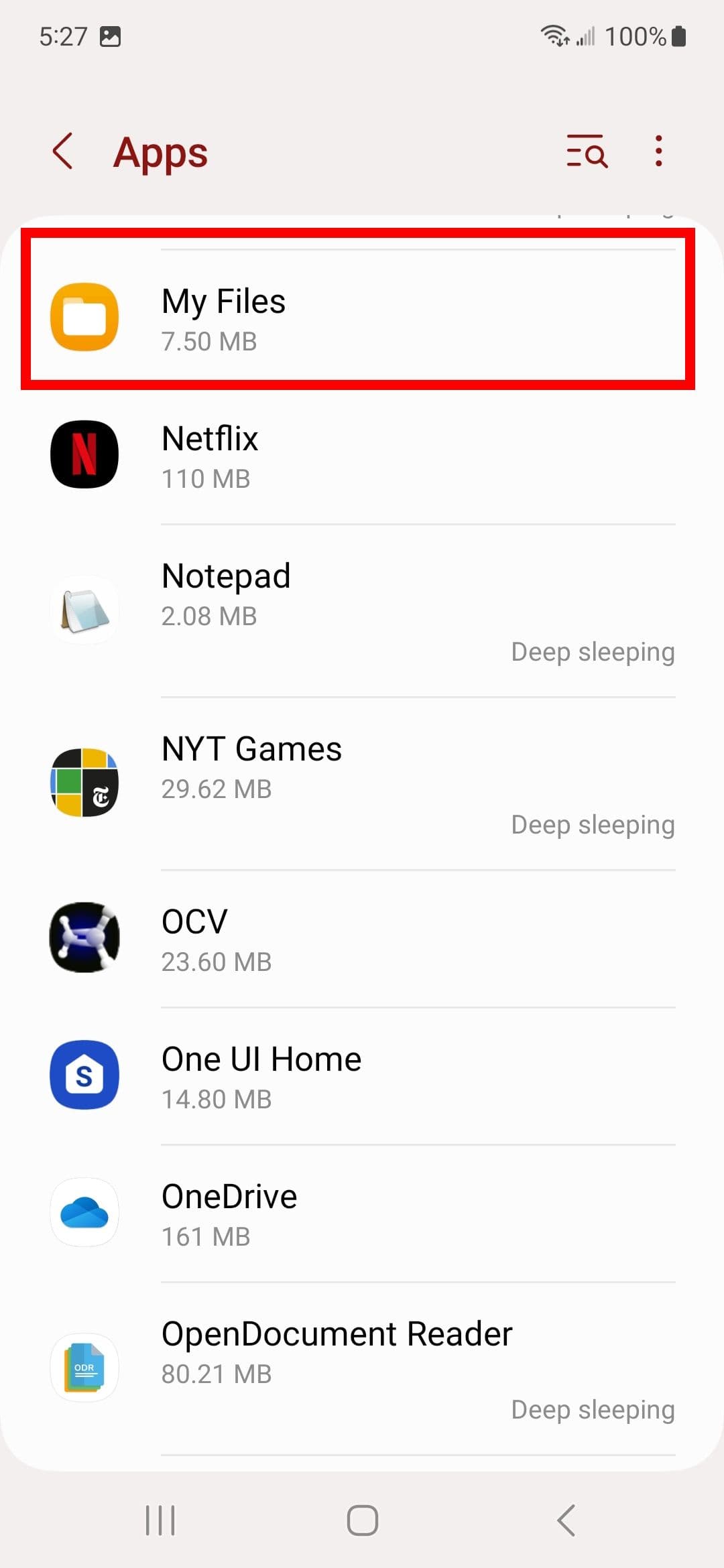 Κόκκινο ορθογώνιο περίγραμμα πλαισίου στις ρυθμίσεις των αρχείων μου στις ρυθμίσεις της εφαρμογής σε ένα Samsung Galaxy S23