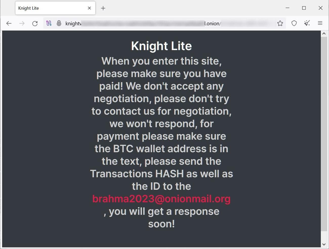 Ιστότοπος Knight ransomware Tor