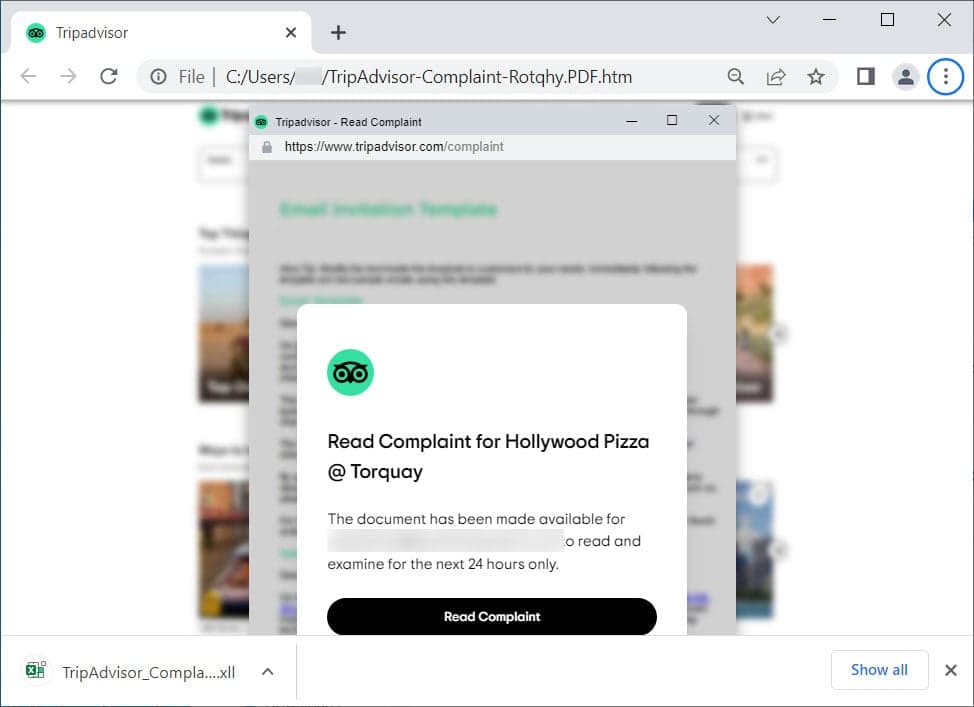 Ψεύτικο συνημμένο καταγγελίας του Tripadvisor κατά τη λήψη του ransomware