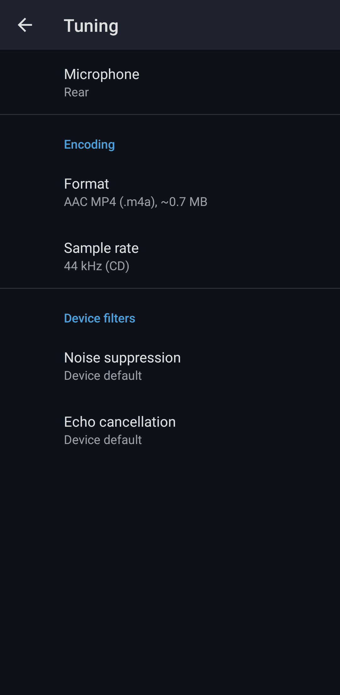 Μενού συντονισμού στην εφαρμογή Easy Voice Recorder