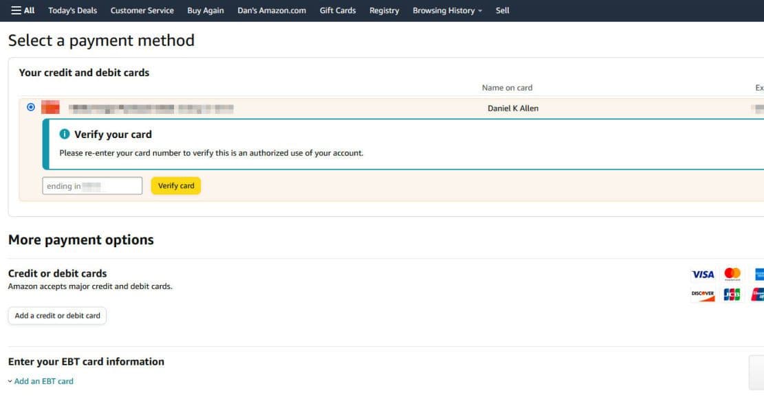 Επαληθεύστε τα στοιχεία πληρωμής σας στο Amazon και, στη συνέχεια, κάντε κλικ στην επιλογή Επαλήθευση κάρτας