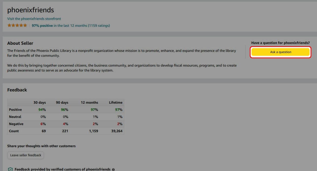 Επιλέξτε Υποβολή ερώτησης στα δεξιά της σελίδας λεπτομερειών του προμηθευτή του Amazon.