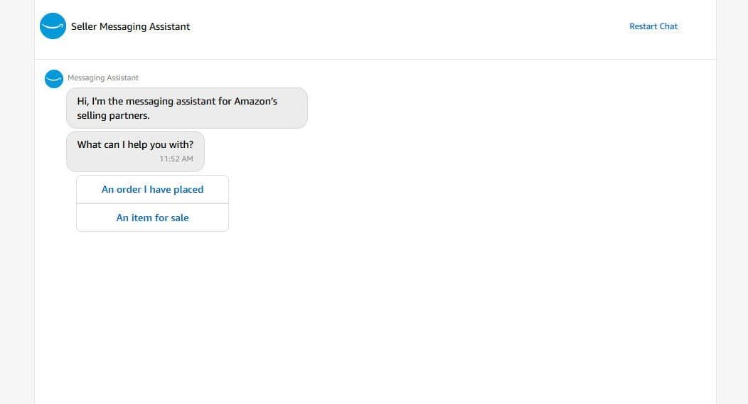 Amazon chatbot που σας καθοδηγεί στην αποστολή μηνύματος στον πωλητή.