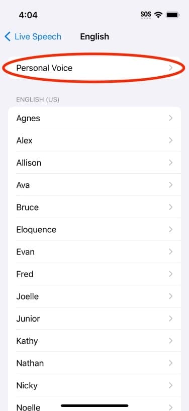 Το Personal Voice ως μία από τις επιλογές φωνής στο Live Speech