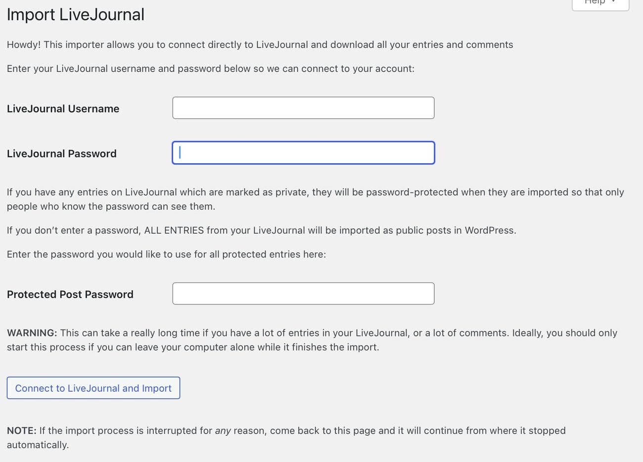 Το εργαλείο WordPress για την εισαγωγή δεδομένων LiveJournal στο WordPress, που δείχνει πού πρέπει να τοποθετήσετε το όνομα χρήστη και τον κωδικό πρόσβασης του LiveJournal για να ξεκινήσετε τη διαδικασία δημιουργίας αντιγράφων ασφαλείας.