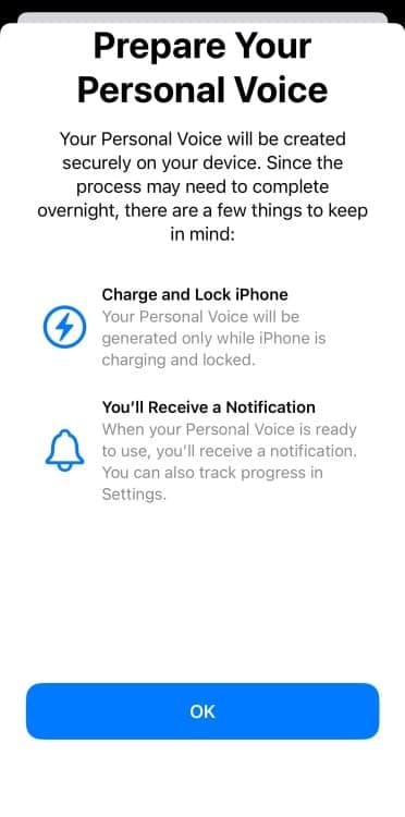 Λεπτομέρειες σχετικά με την προετοιμασία του Personal Voice, συμπεριλαμβανομένης της διατήρησης του iPhone σας συνδεδεμένου και κλειδωμένου
