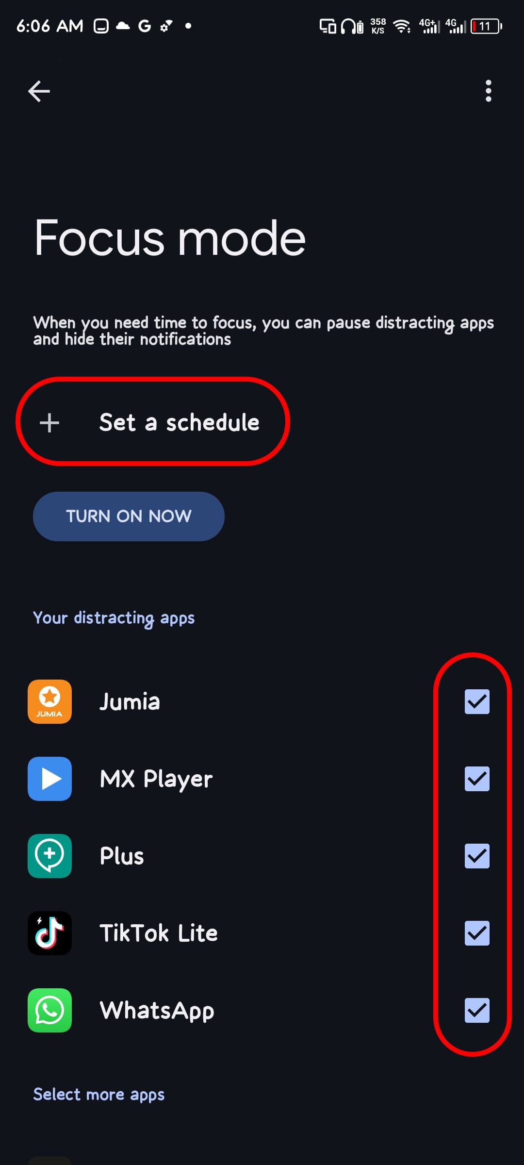 Επιλογή εφαρμογών που αποσπούν την προσοχή για τη λειτουργία εστίασης ψηφιακής ευεξίας 