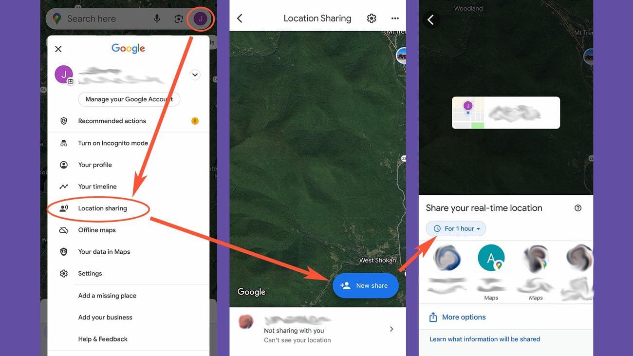 Η εφαρμογή Χάρτες Google σε ένα iPhone, που δείχνει πώς να μοιράζεστε την τοποθεσία σας με κάποιον.