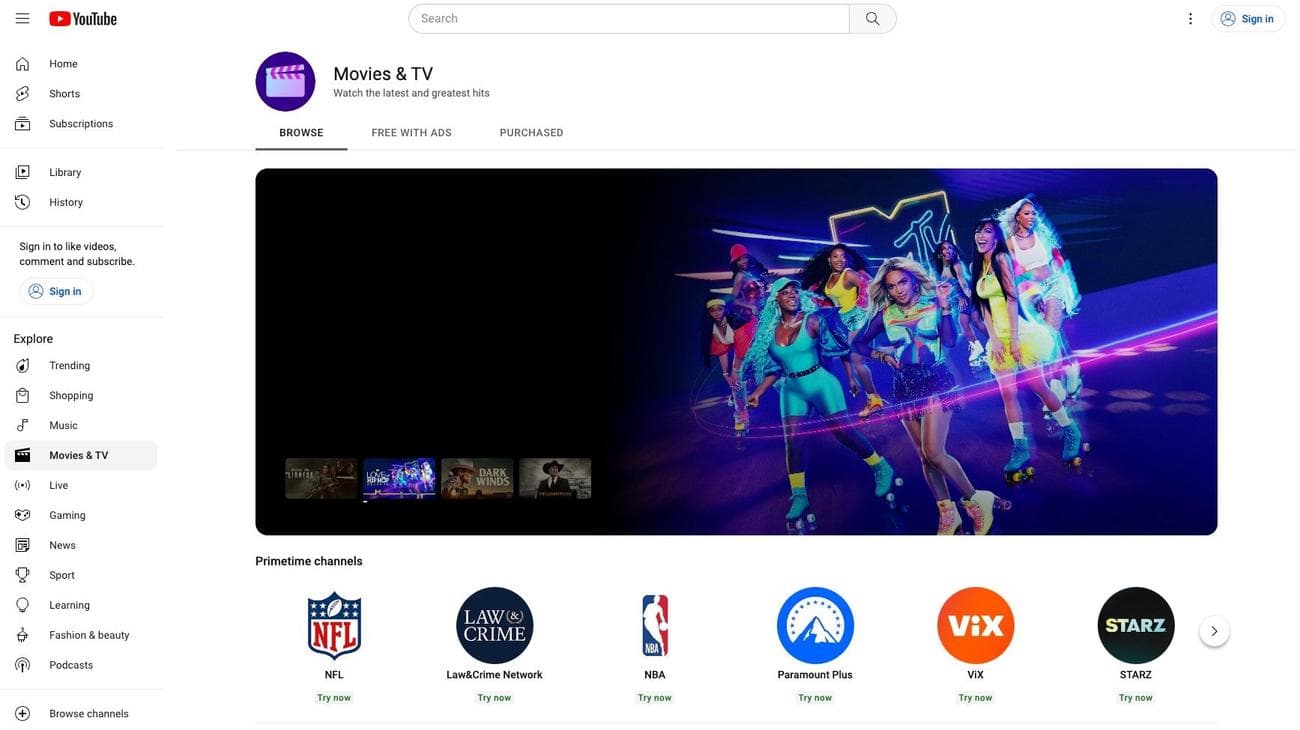 Ενότητα YouTube Movies & TV