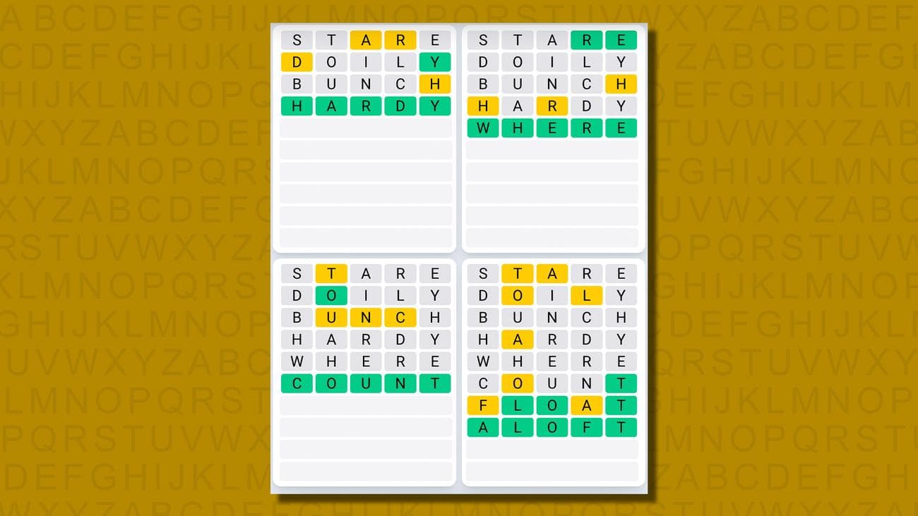 Quordle καθημερινές απαντήσεις ακολουθίας για το παιχνίδι 621 σε κίτρινο φόντο