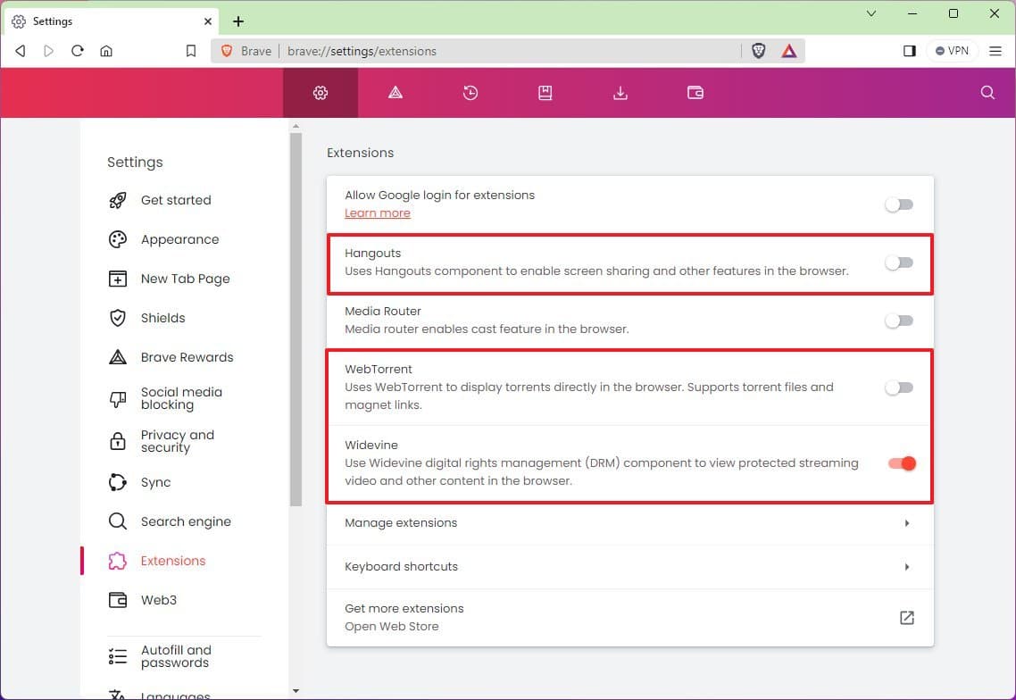Brave extension settings suggestions