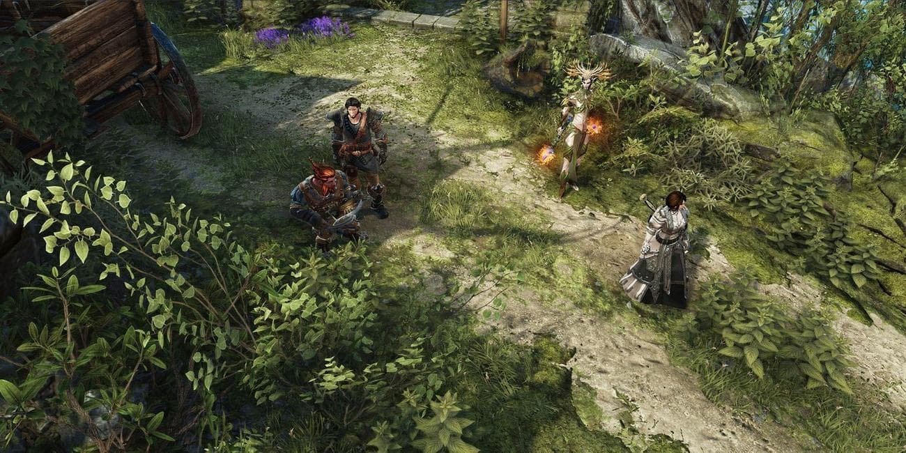 divinty sin 2 player and their friends near a castle 