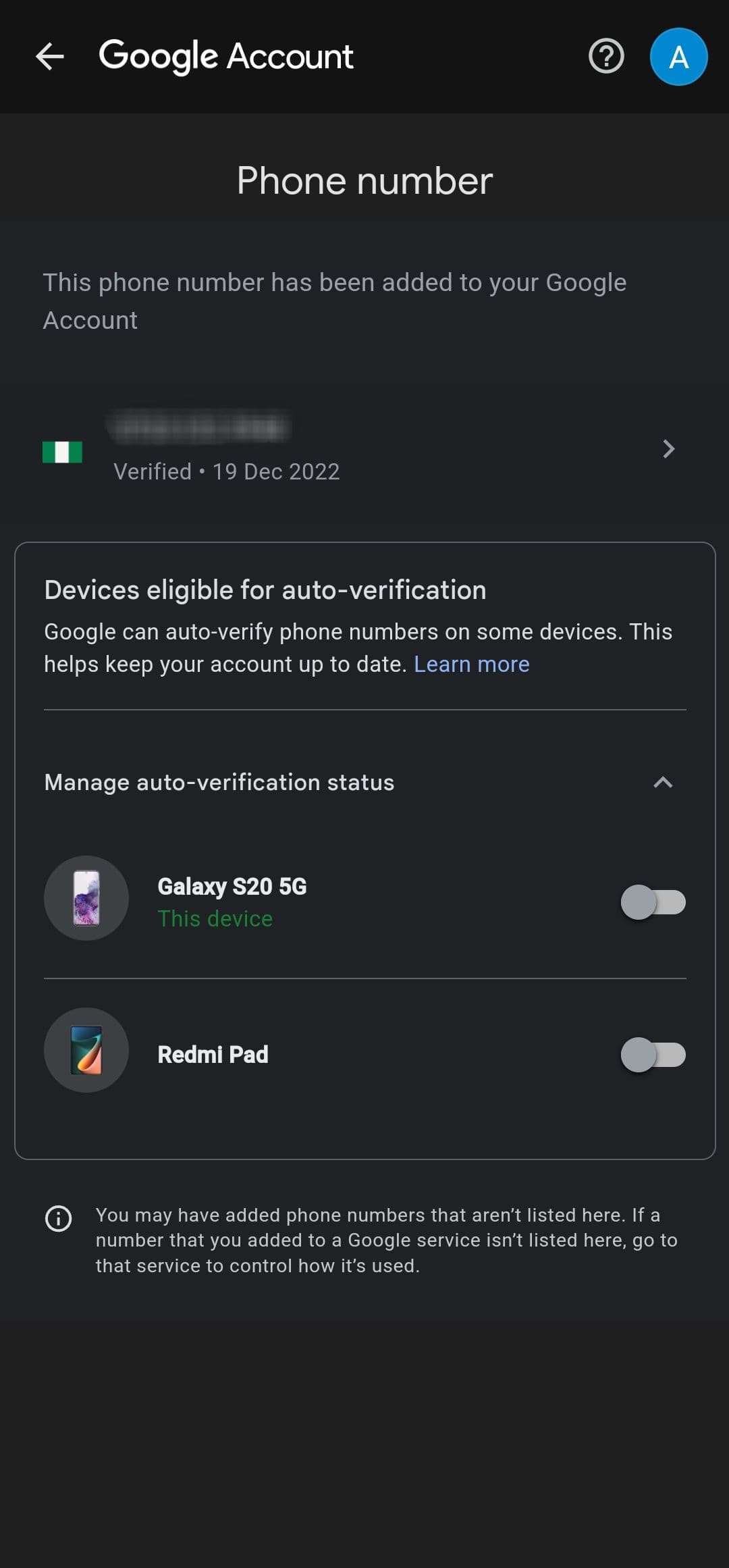Ρυθμίσεις αριθμού τηλεφώνου λογαριασμού Google