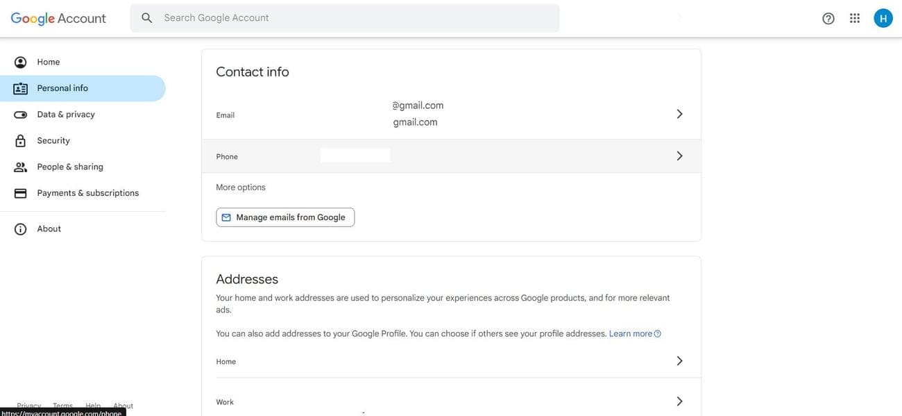 Σελίδα προσωπικών πληροφοριών λογαριασμού Google