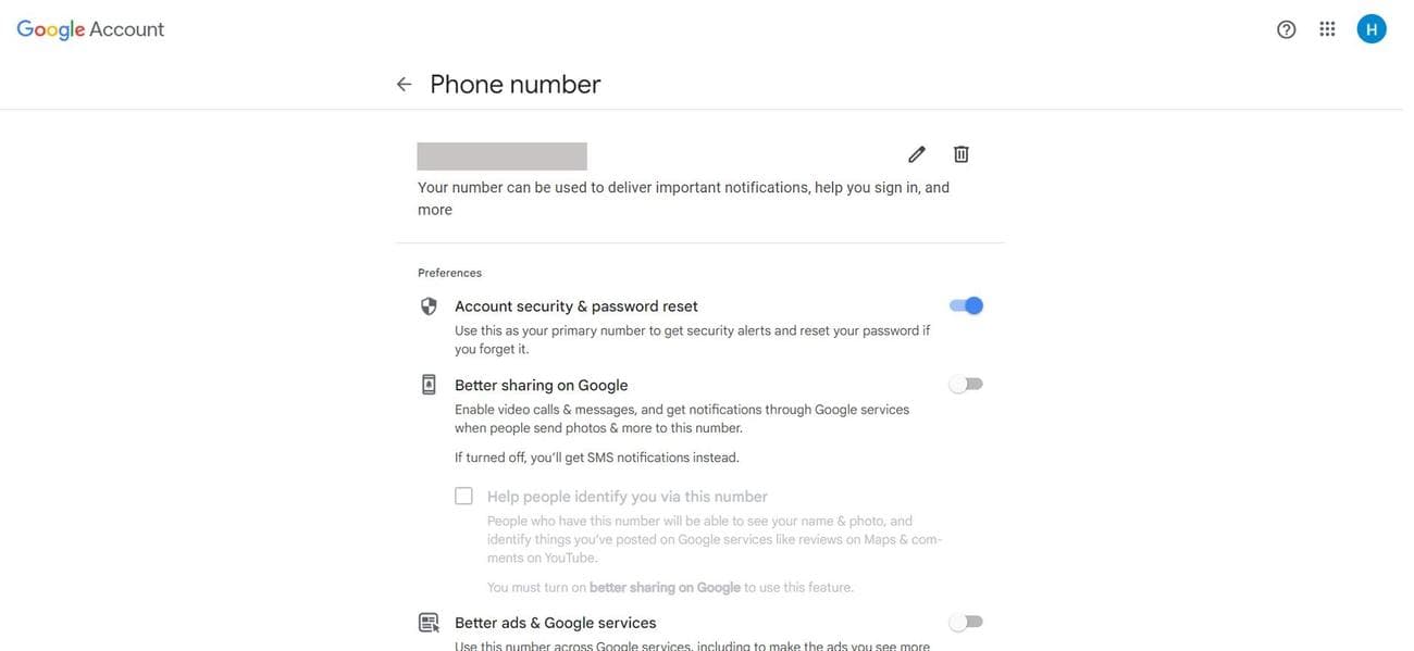Σελίδα ρυθμίσεων αριθμού τηλεφώνου λογαριασμού Google