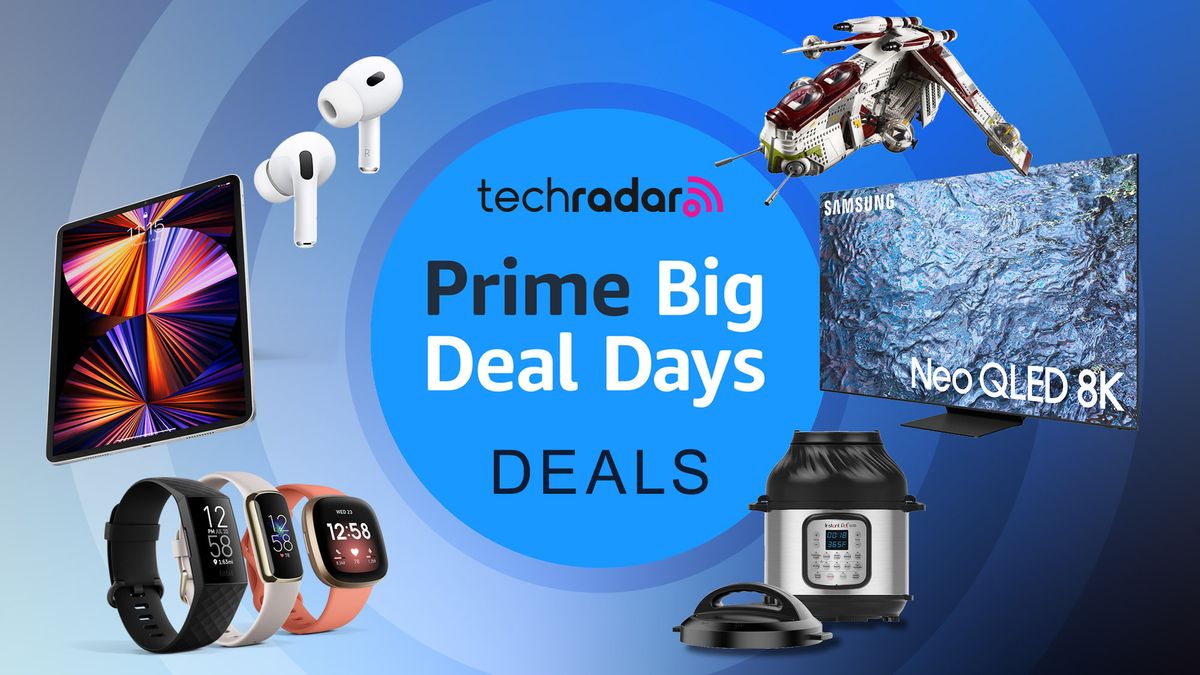 Tablets, TVs, earbuds, toys, smartwatches on a blue background next to the TechRadar logo
